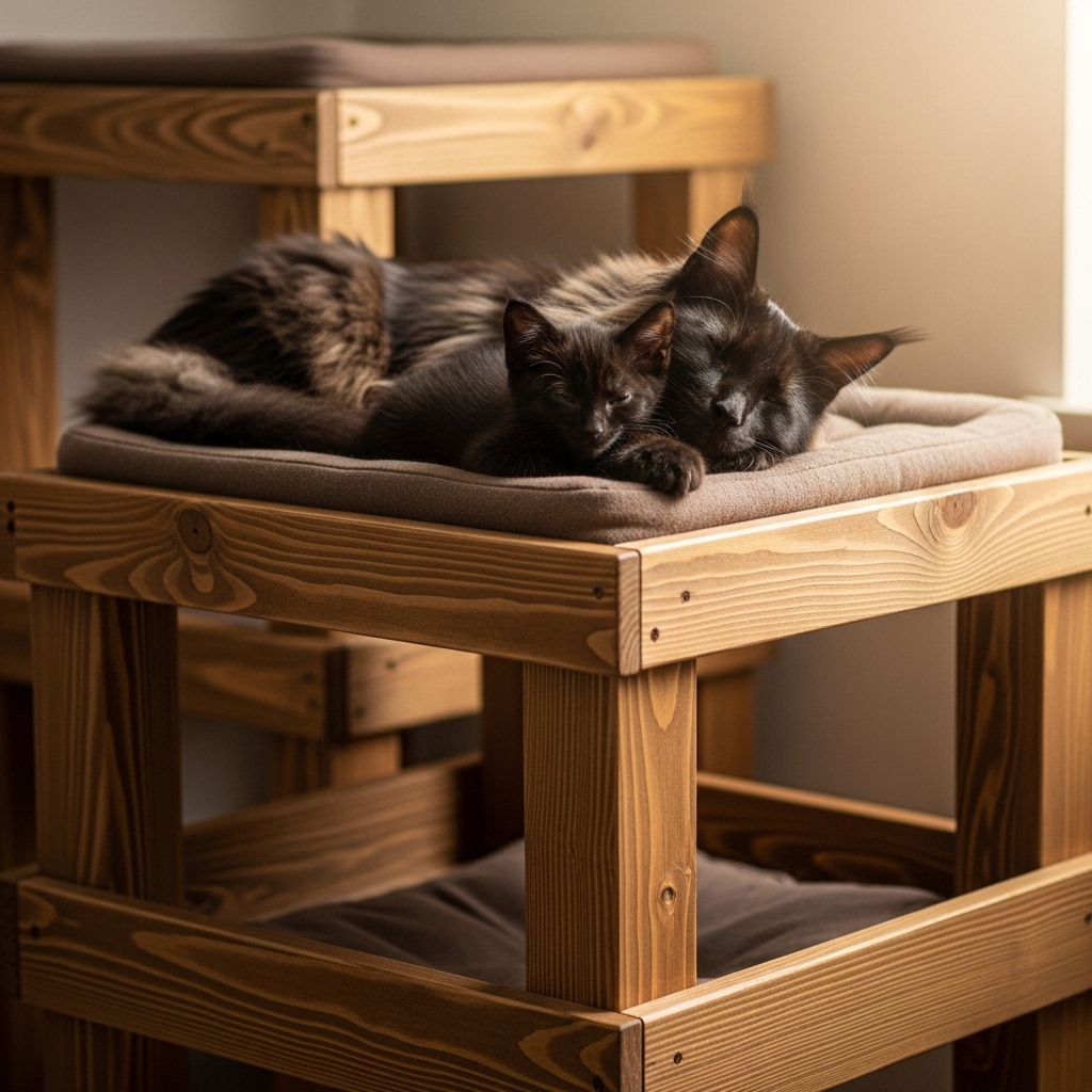 高品質な木製キャットタワーの、頑丈な接合部分(職人技が感じられる)のクローズアップ。