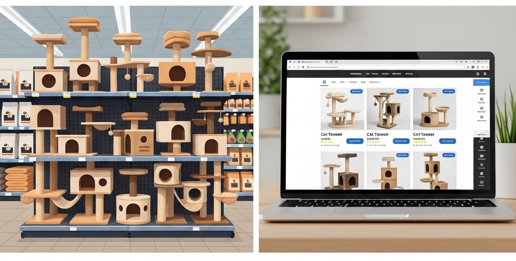 ホームセンターの店舗とノートパソコンの画面を左右に並べた比較画像