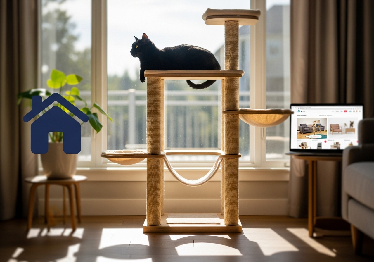 窓辺に置かれたおしゃれな木製キャットタワーと、その上から外を眺める黒猫