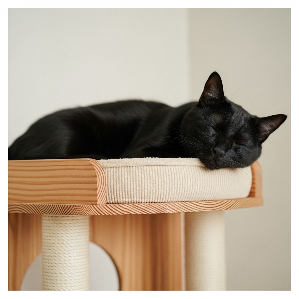 安全な国産木製タワーの上で、満足そうにくつろぐ黒猫