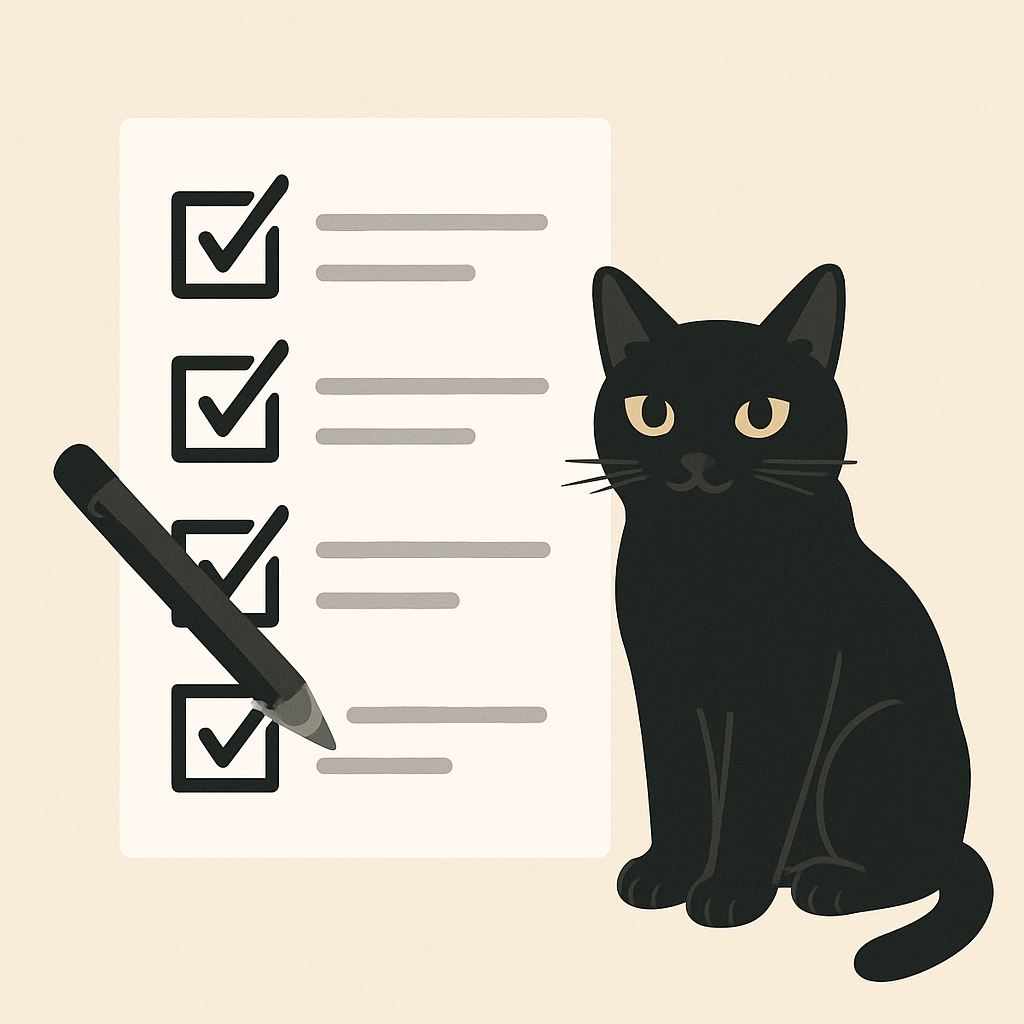 チェックリストと鉛筆、そしてその横で満足そうにしている黒猫