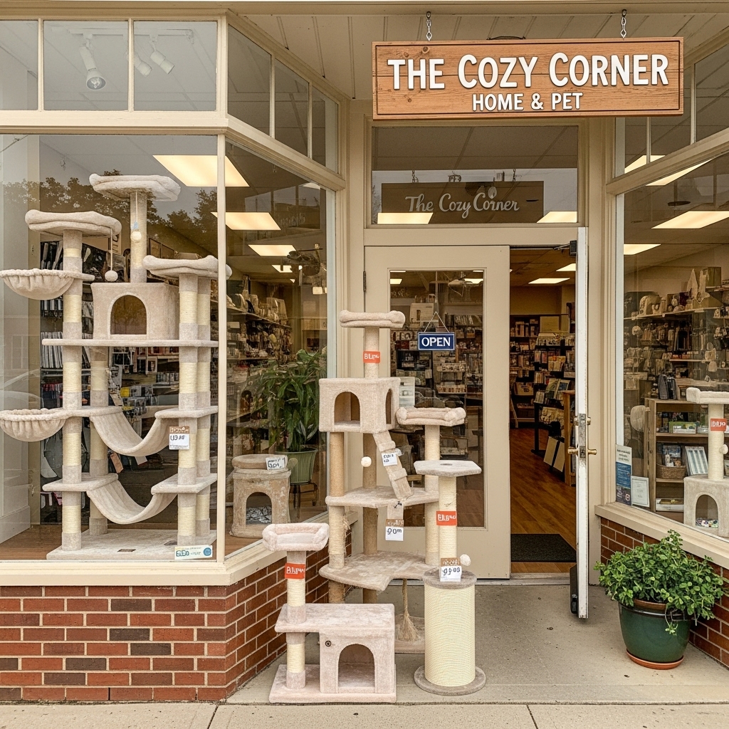 ホームセンターの店先に並ぶ、様々な種類のスタンダードなキャットタワー