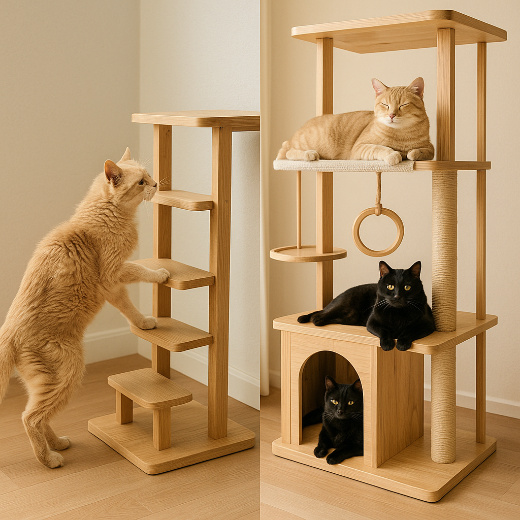 段差の低いシニア向け木製タワーを登る老猫と、大型タワーで遊ぶ2匹の猫