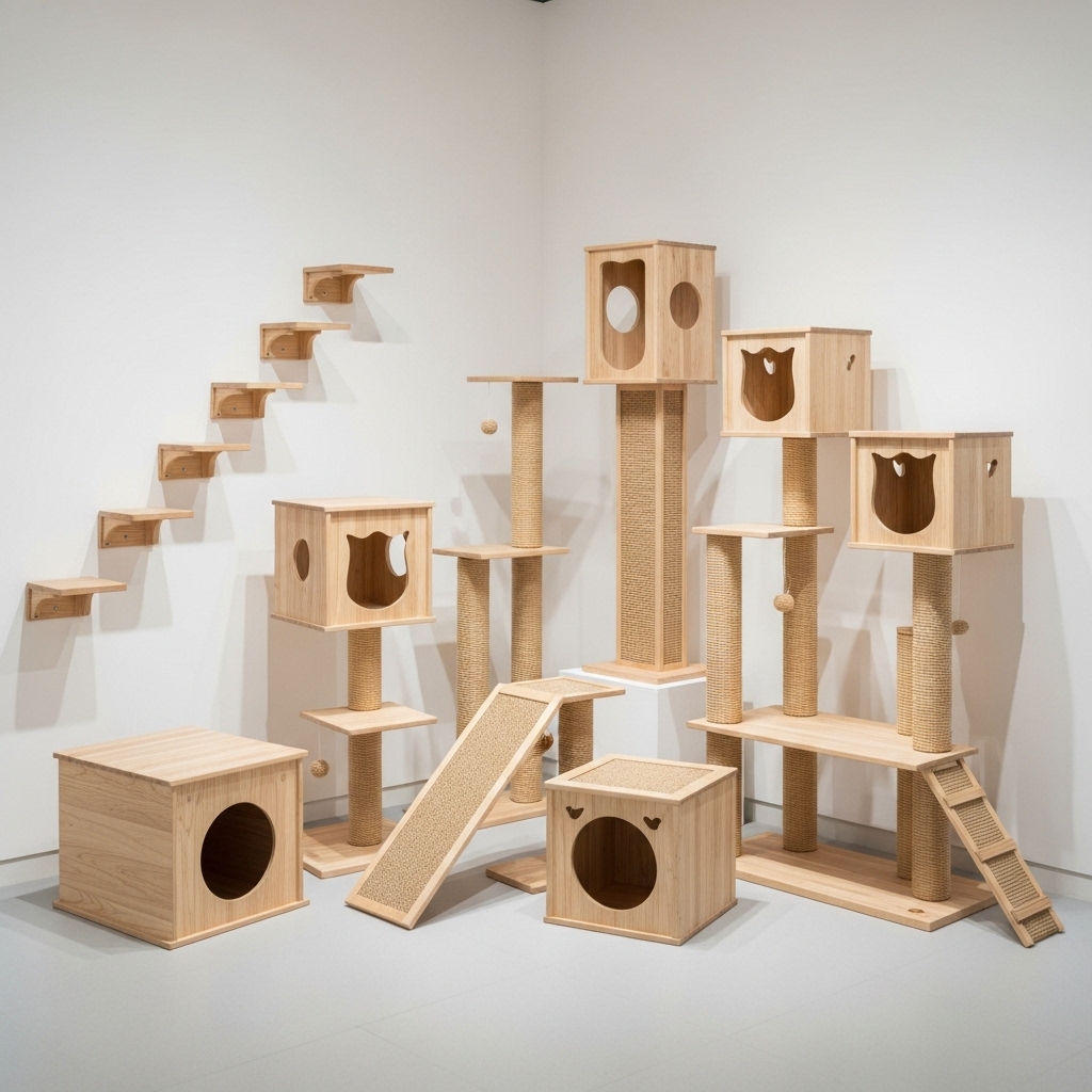 国産木製タワーの様々なラインナップ(タワー、ハウスなど)が並ぶイメージ